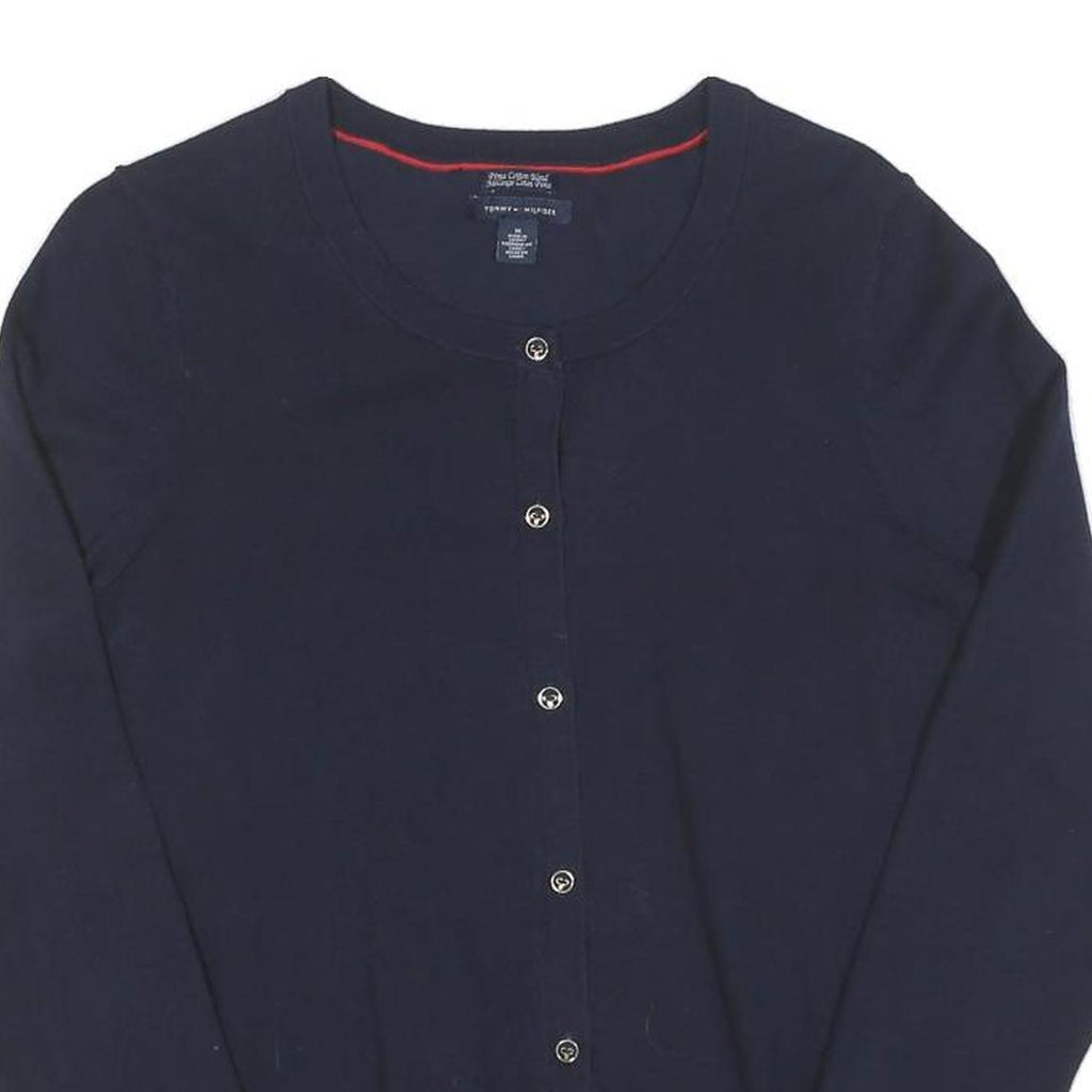 TOMMY HILFIGER Womens Navy Blue Plain Button Up Crew Neck Cotton Blend Jumper M