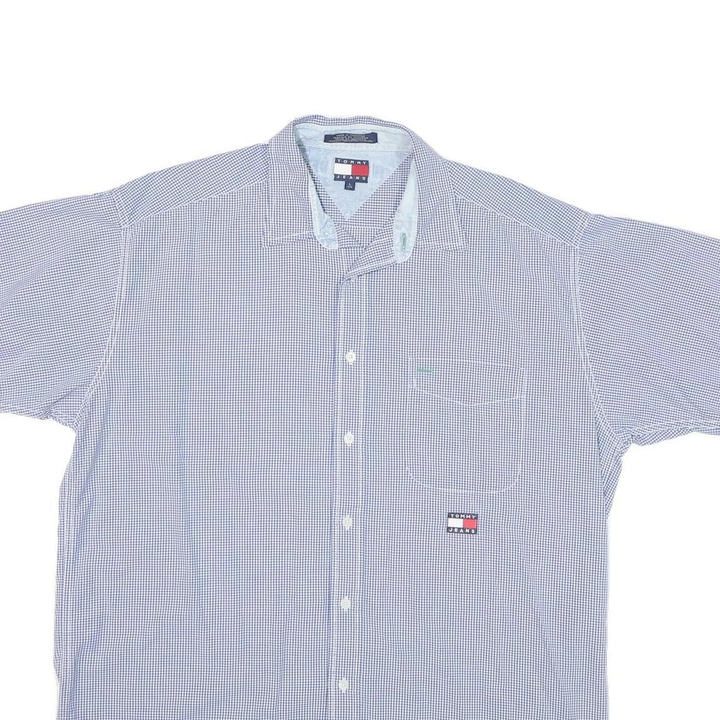 TOMMY HILFIGER Mens Blue & White Check Shirt L Casual Cotton Blend Button Short