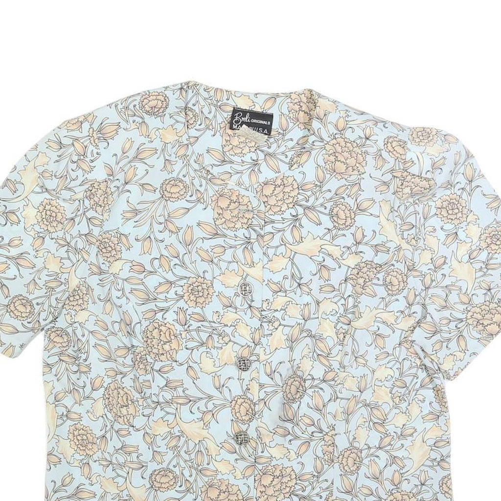 BRELI Womens Blue Cream Floral Printed Shirt Short Sleeve Button Neck L