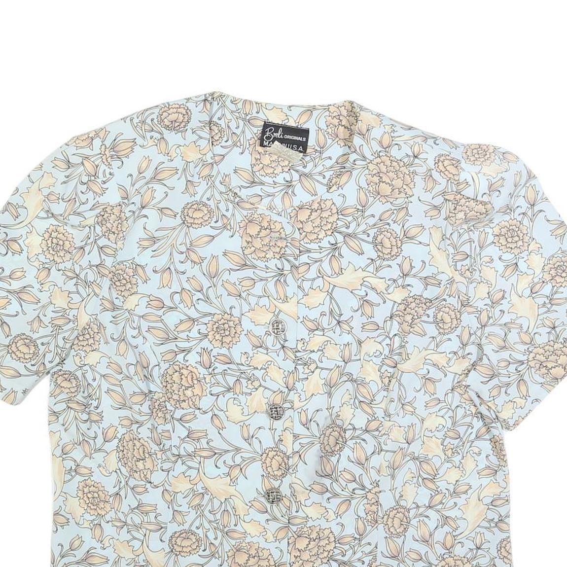 BRELI Womens Blue Cream Floral Printed Shirt Short Sleeve Button Neck L
