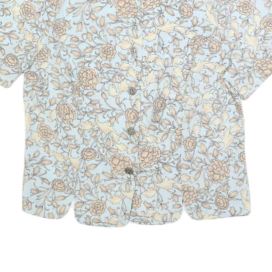 BRELI Womens Blue Cream Floral Printed Shirt Short Sleeve Button Neck L