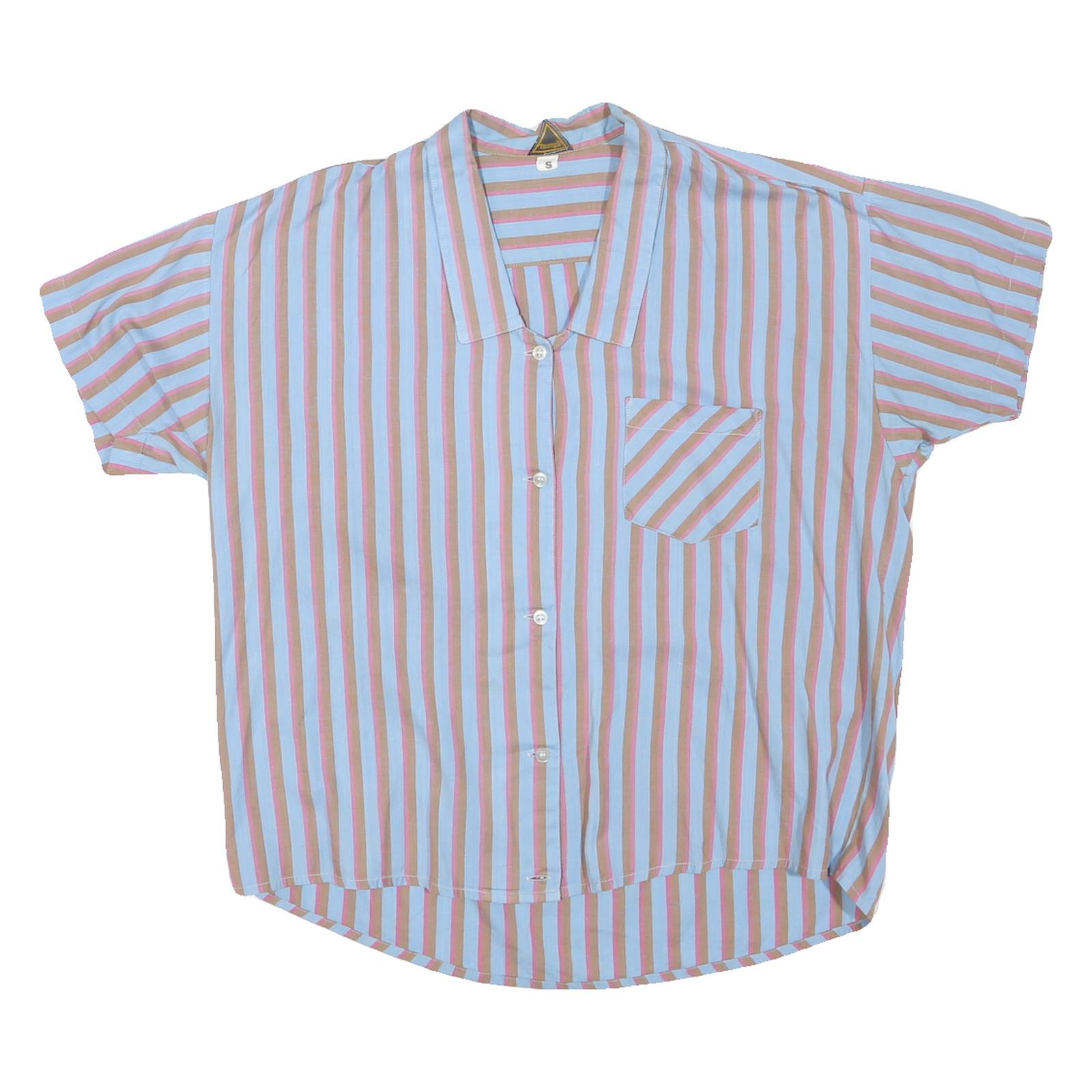 Womens Blue & Brown Striped Basic Shirt Short Sleeve Button Neck S Casual Summer