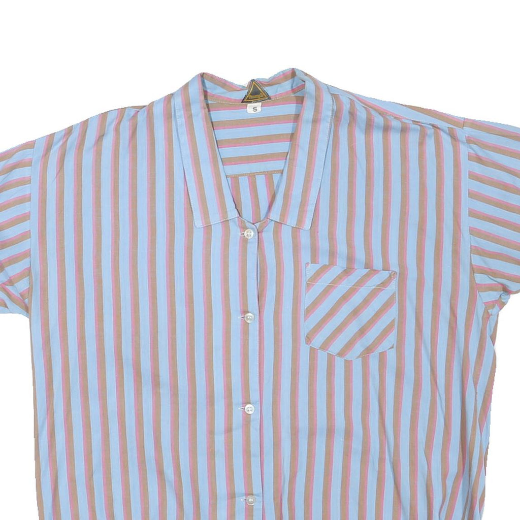Womens Blue & Brown Striped Basic Shirt Short Sleeve Button Neck S Casual Summer