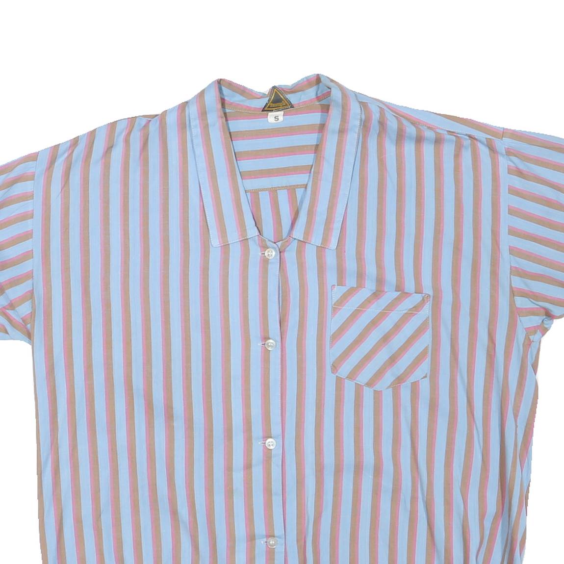Womens Blue & Brown Striped Basic Shirt Short Sleeve Button Neck S Casual Summer