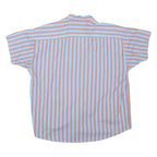 Womens Blue & Brown Striped Basic Shirt Short Sleeve Button Neck S Casual Summer