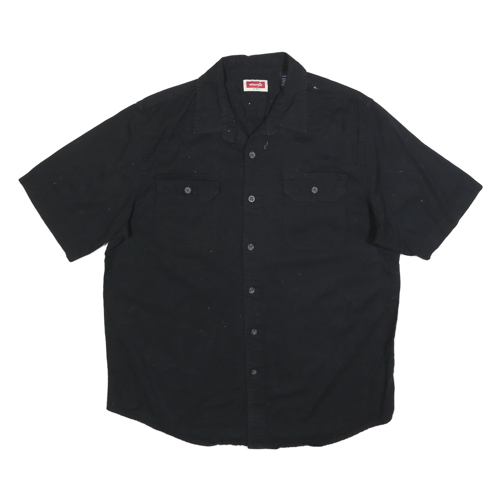WRANGLER Mens Black Plain Shirt L Cotton Blend Casual Short Sleeve