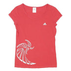 ADIDAS Womens Red Graphic T-Shirt UK 12 Short Sleeve V-Neck Cotton Casual