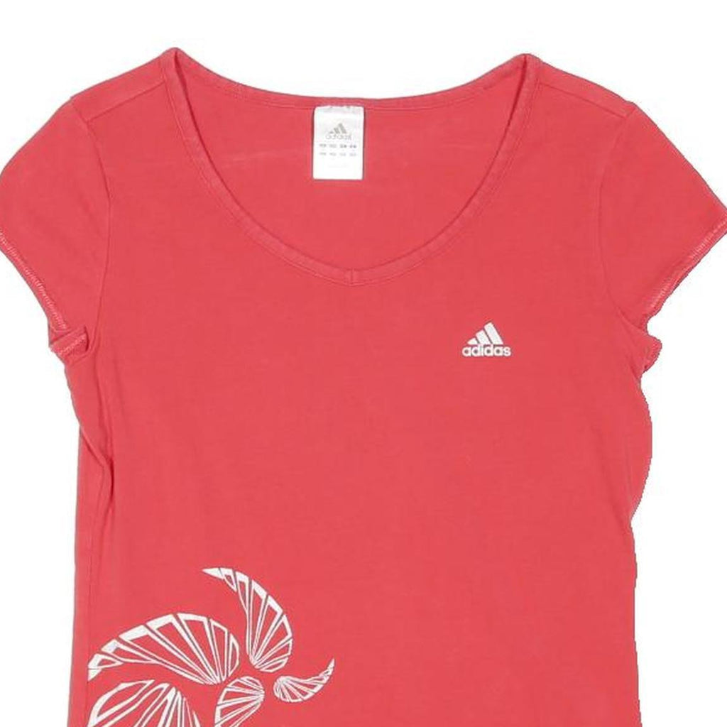 ADIDAS Womens Red Graphic T-Shirt UK 12 Short Sleeve V-Neck Cotton Casual