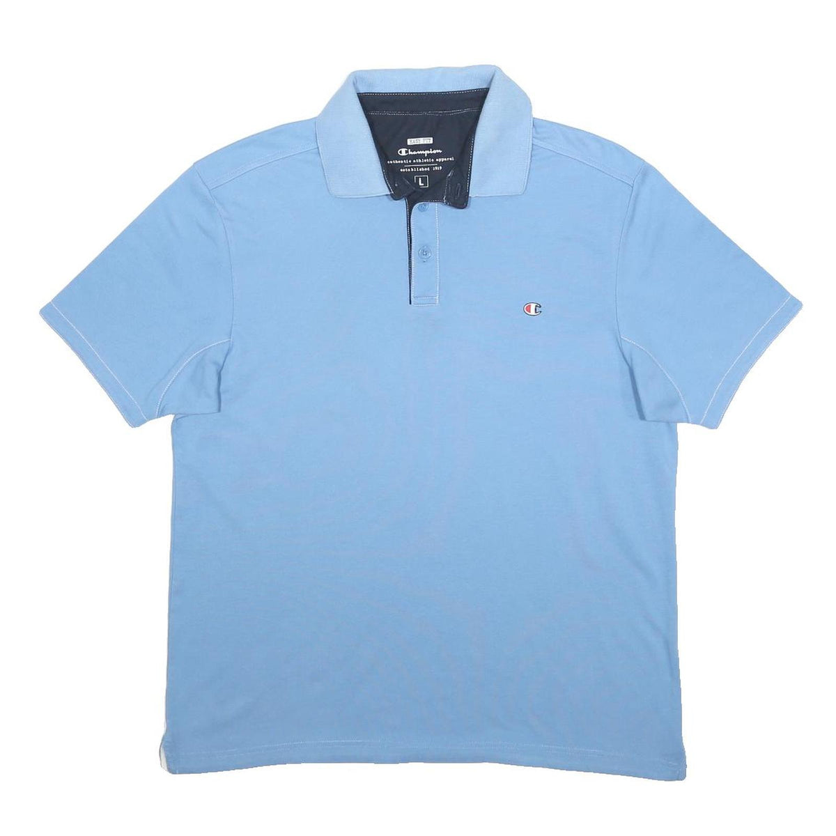 CHAMPION Mens Blue Short Sleeve Plain L Casual Cotton Blend Polo Shirt