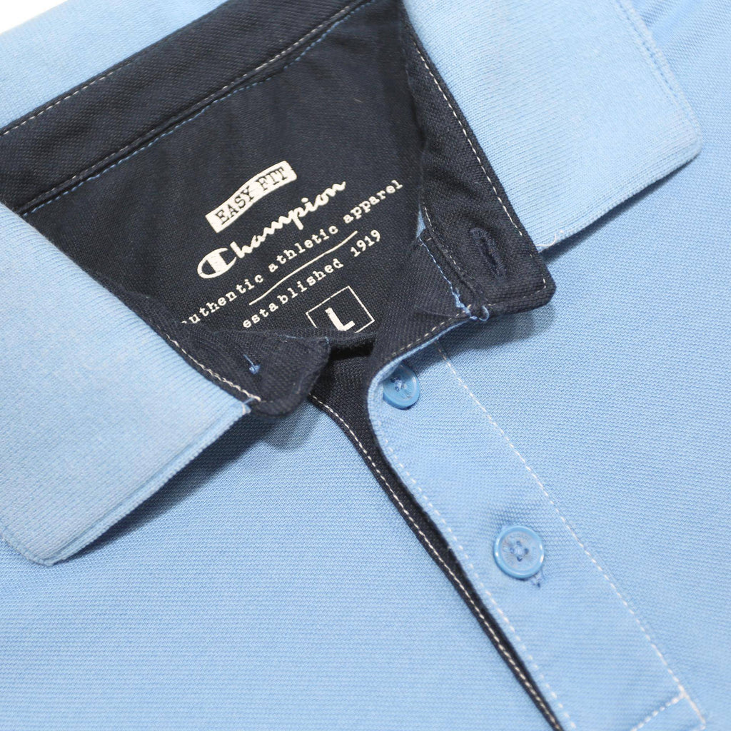 CHAMPION Mens Blue Short Sleeve Plain L Casual Cotton Blend Polo Shirt