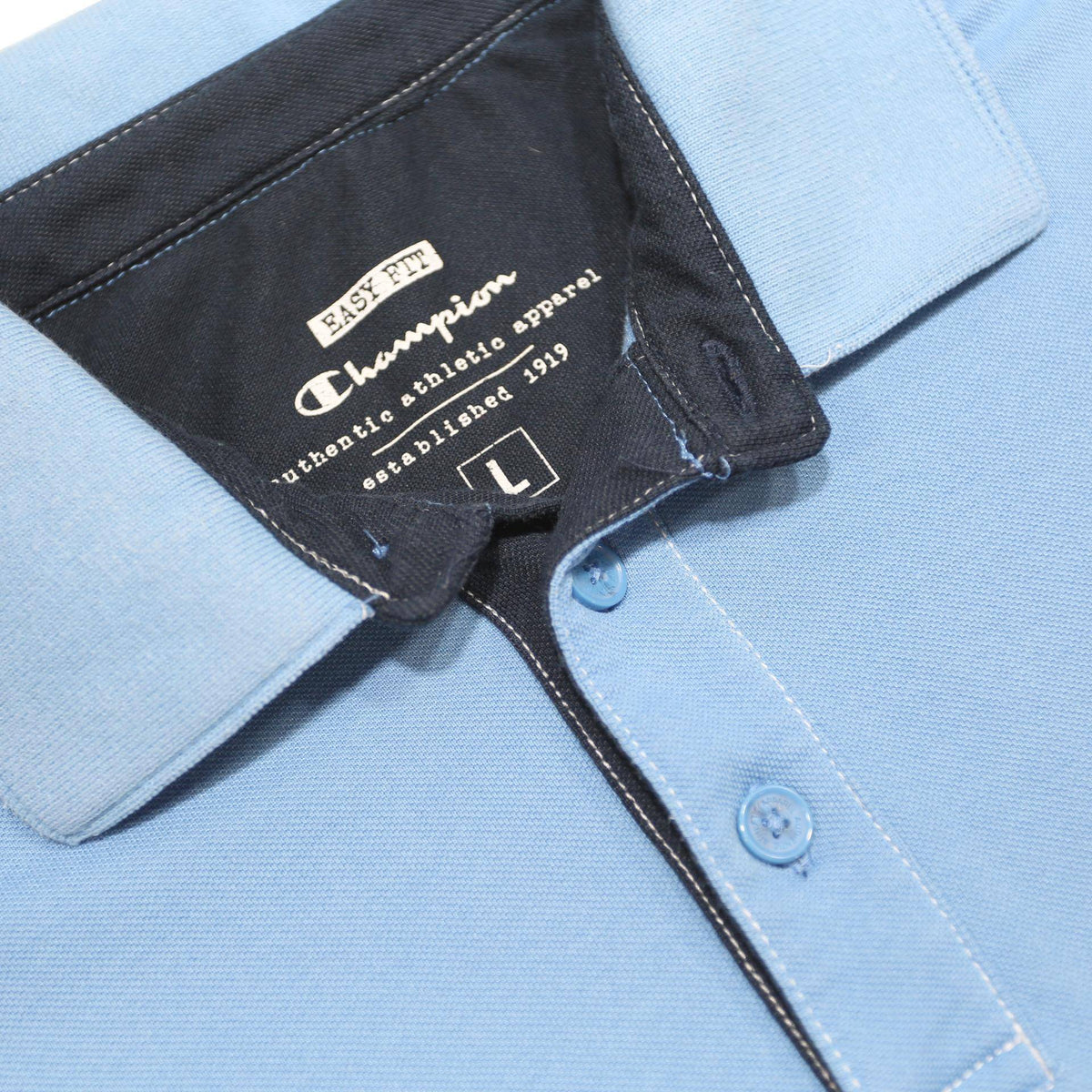 CHAMPION Mens Blue Short Sleeve Plain L Casual Cotton Blend Polo Shirt
