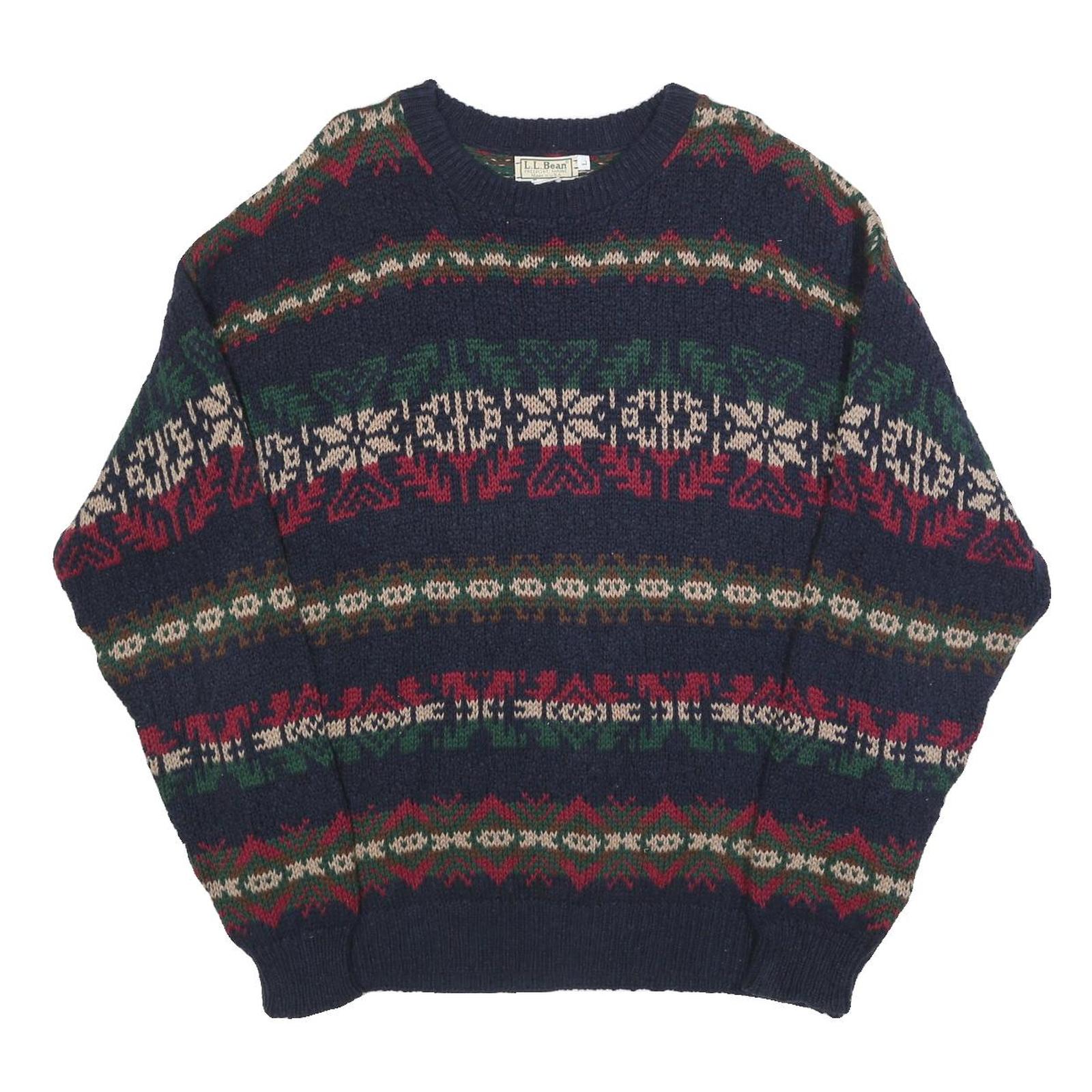 LL BEAN Mens Navy Blue Patterned Cotton Jumper Crew Neck Chunky Knit L