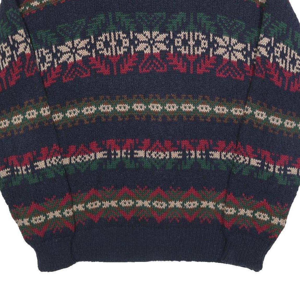 LL BEAN Mens Navy Blue Patterned Cotton Jumper Crew Neck Chunky Knit L