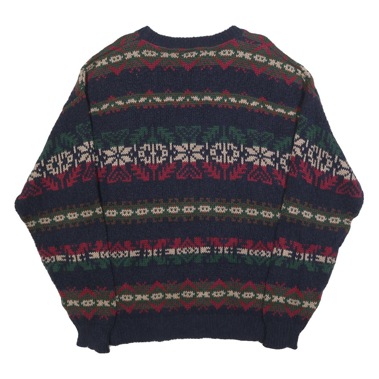 LL BEAN Mens Navy Blue Patterned Cotton Jumper Crew Neck Chunky Knit L