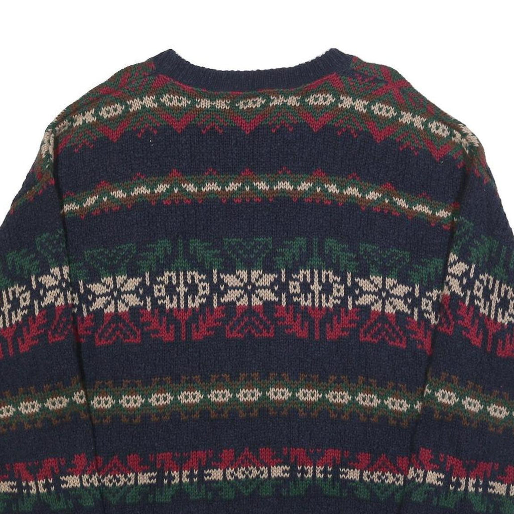 LL BEAN Mens Navy Blue Patterned Cotton Jumper Crew Neck Chunky Knit L