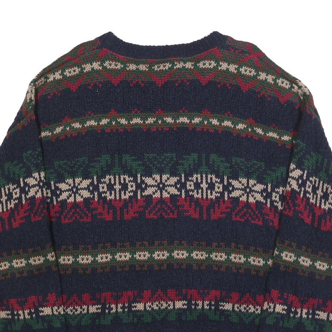 LL BEAN Mens Navy Blue Patterned Cotton Jumper Crew Neck Chunky Knit L