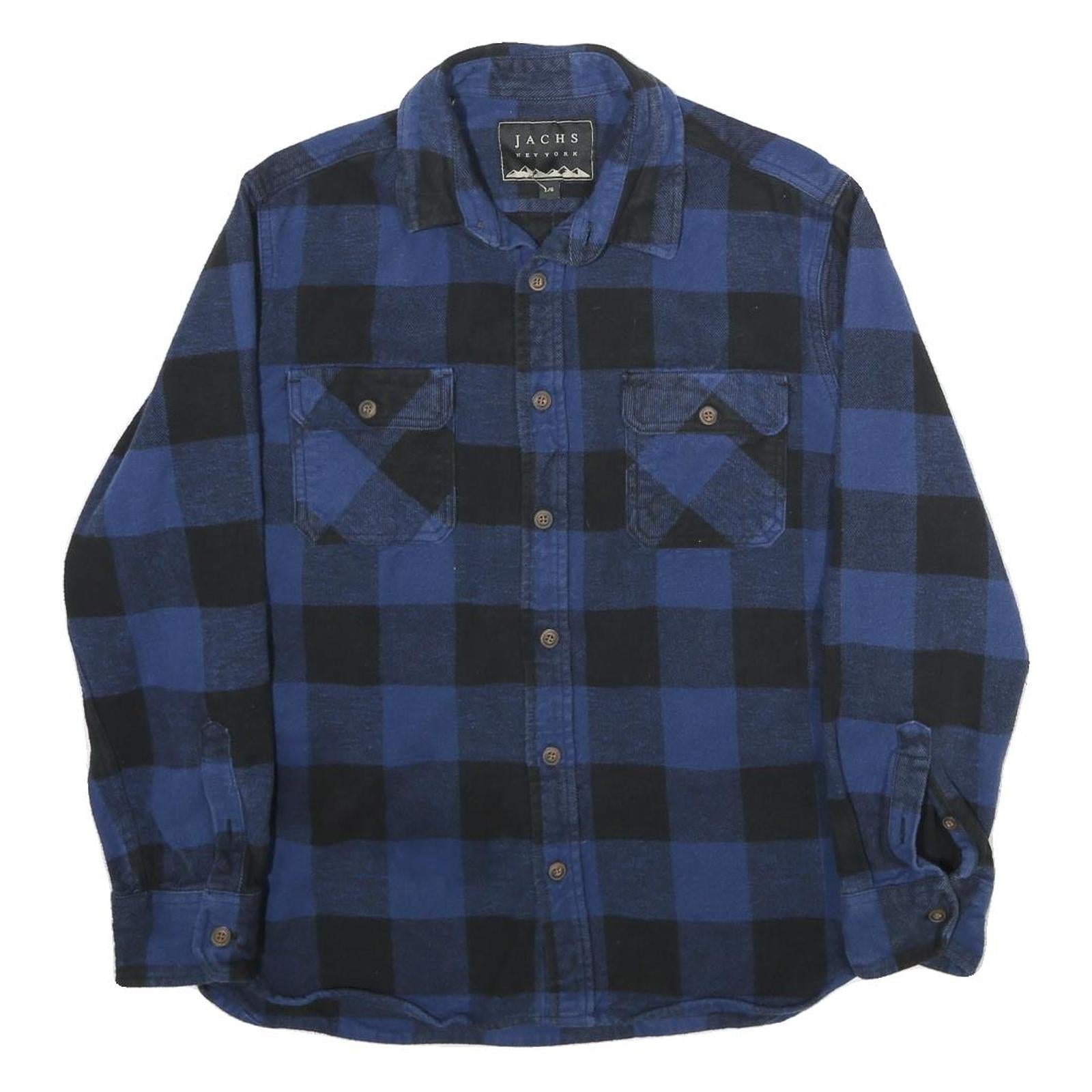 JACHS Mens Blue & Black Check Shirt L Cotton Casual Long Sleeve Button