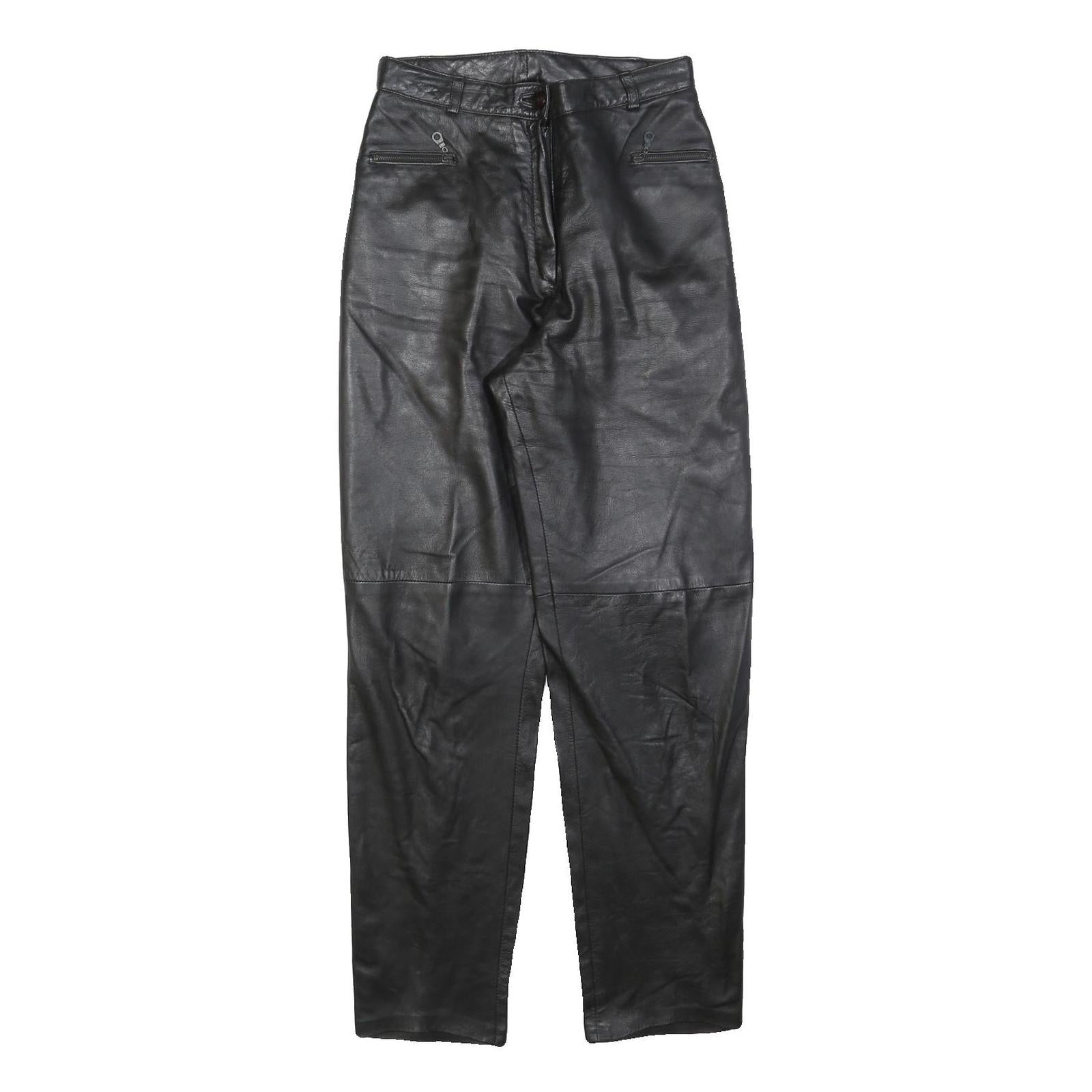 Black Womens Regular Fit Leather Trousers W26 L30 Zip Closure Stylish