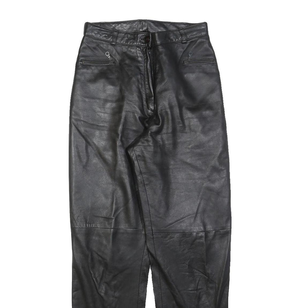 Black Womens Regular Fit Leather Trousers W26 L30 Zip Closure Stylish