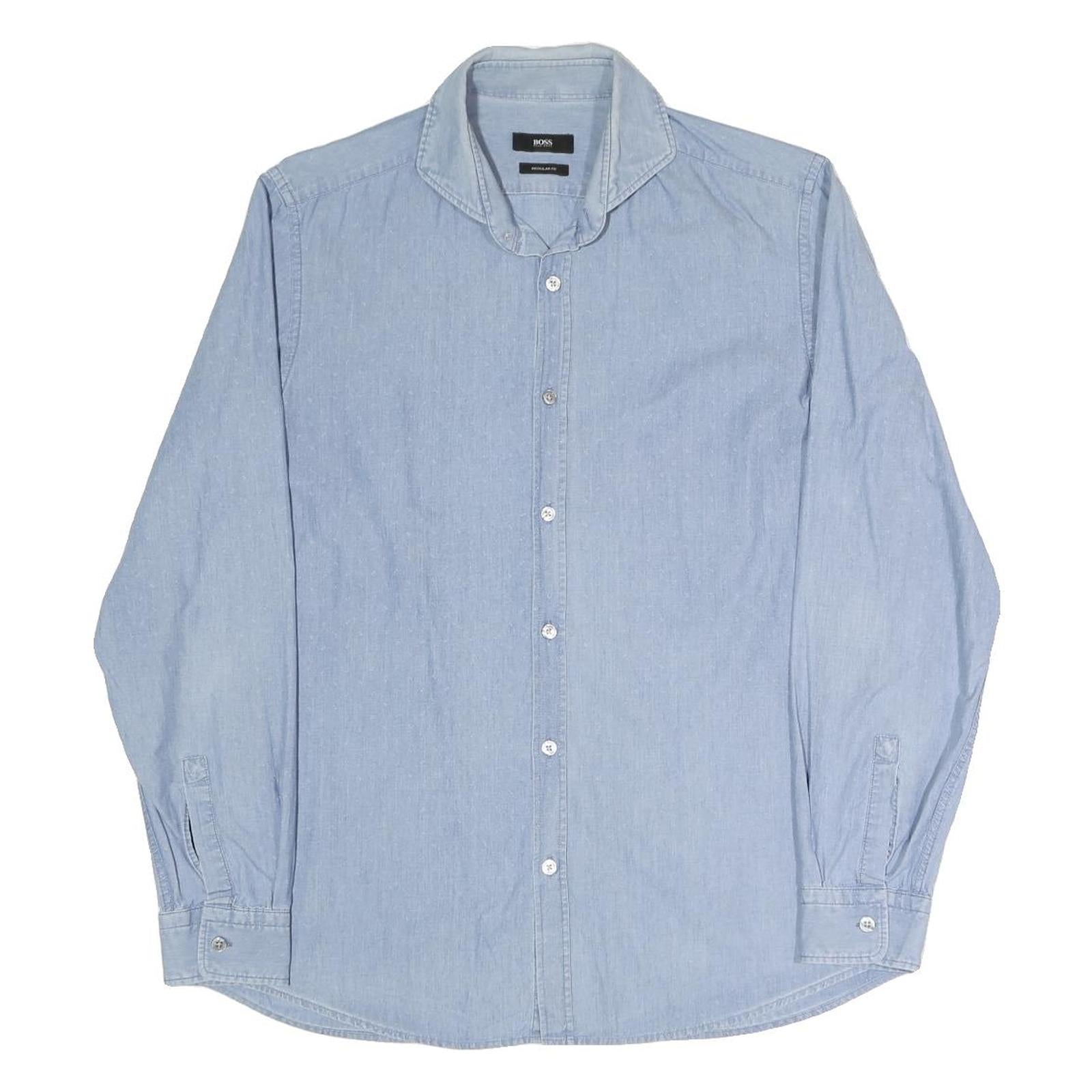 BOSS Mens Blue Plain Shirt M Cotton Blend Classic Button Collar Casual Formal