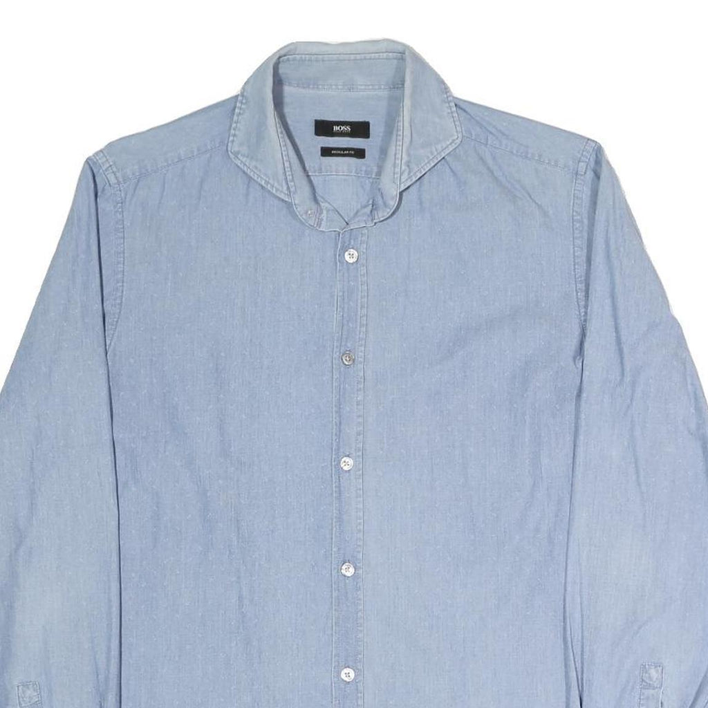 BOSS Mens Blue Plain Shirt M Cotton Blend Classic Button Collar Casual Formal