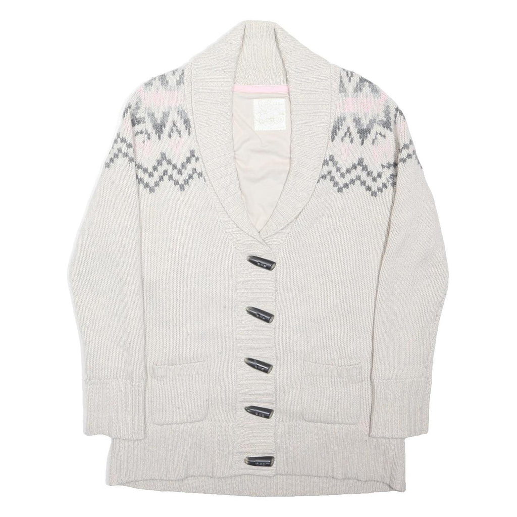 FAT FACE Womens Cream & Pink Patterned Wool Blend Shawl Collar Cardigan Jumper