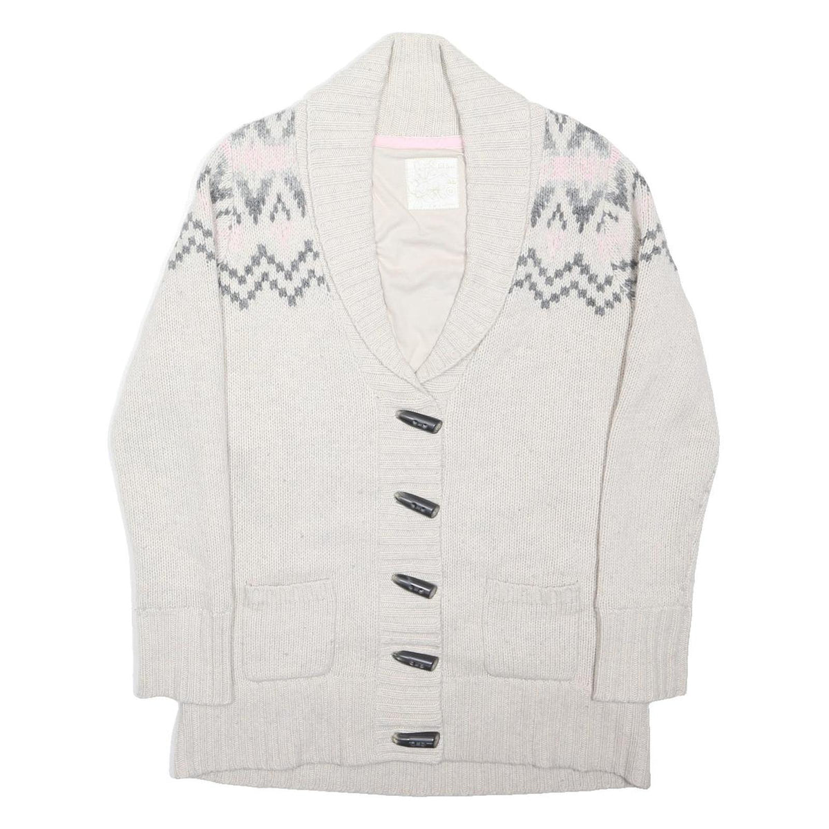 FAT FACE Womens Cream & Pink Patterned Wool Blend Shawl Collar Cardigan Jumper