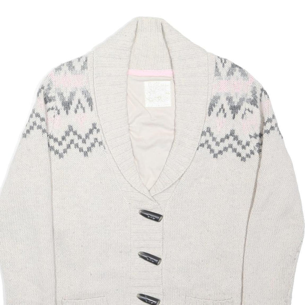 FAT FACE Womens Cream & Pink Patterned Wool Blend Shawl Collar Cardigan Jumper