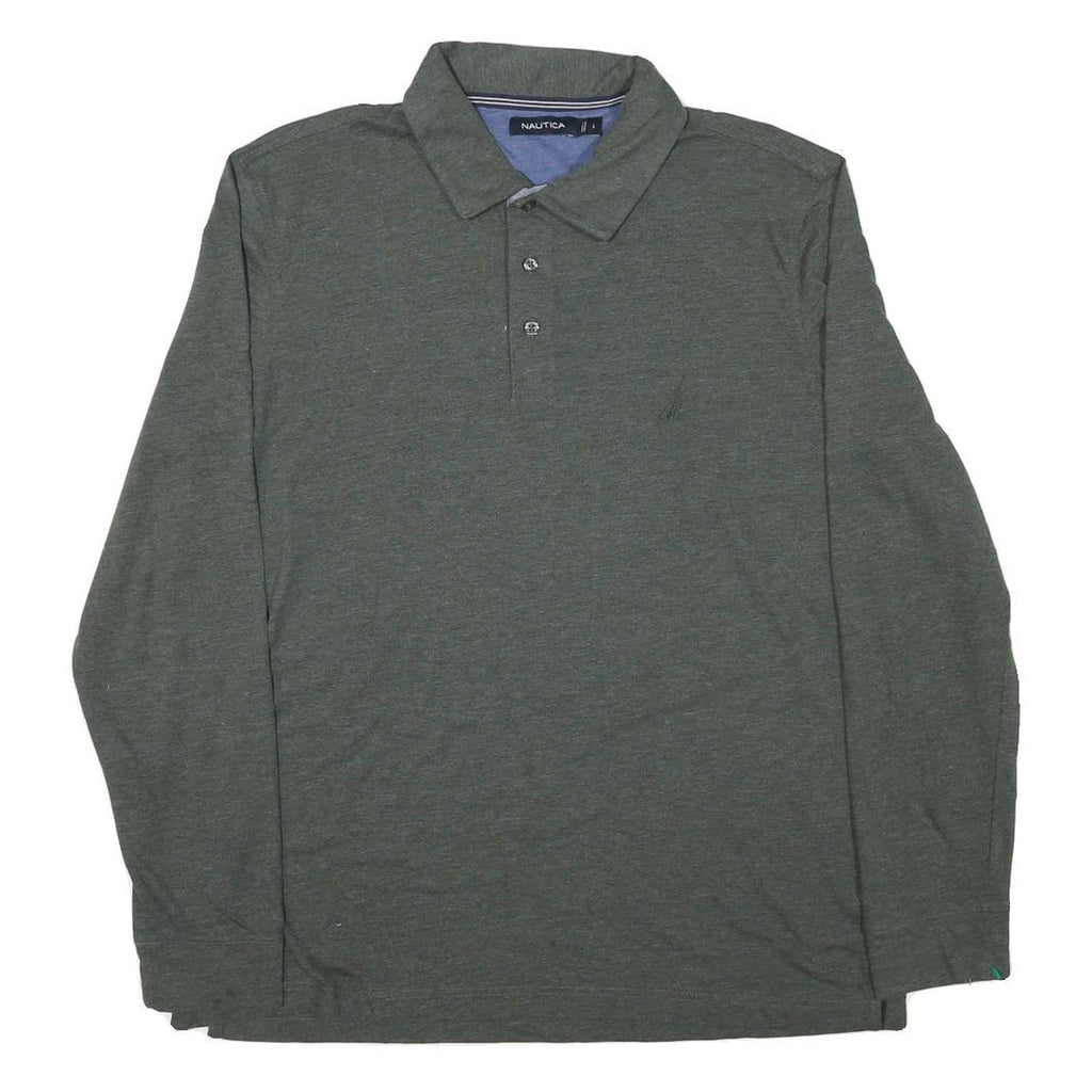 NAUTICA Mens Green Long Sleeve Plain Polo Shirt L Cotton Blend Classic Fit