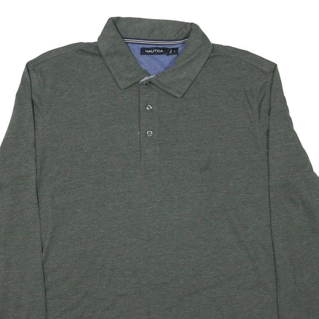 NAUTICA Mens Green Long Sleeve Plain Polo Shirt L Cotton Blend Classic Fit