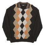 CACHEMIRAS Mens Black Beige & Orange Argyle Patterned Wool Blend Jumper XL Half