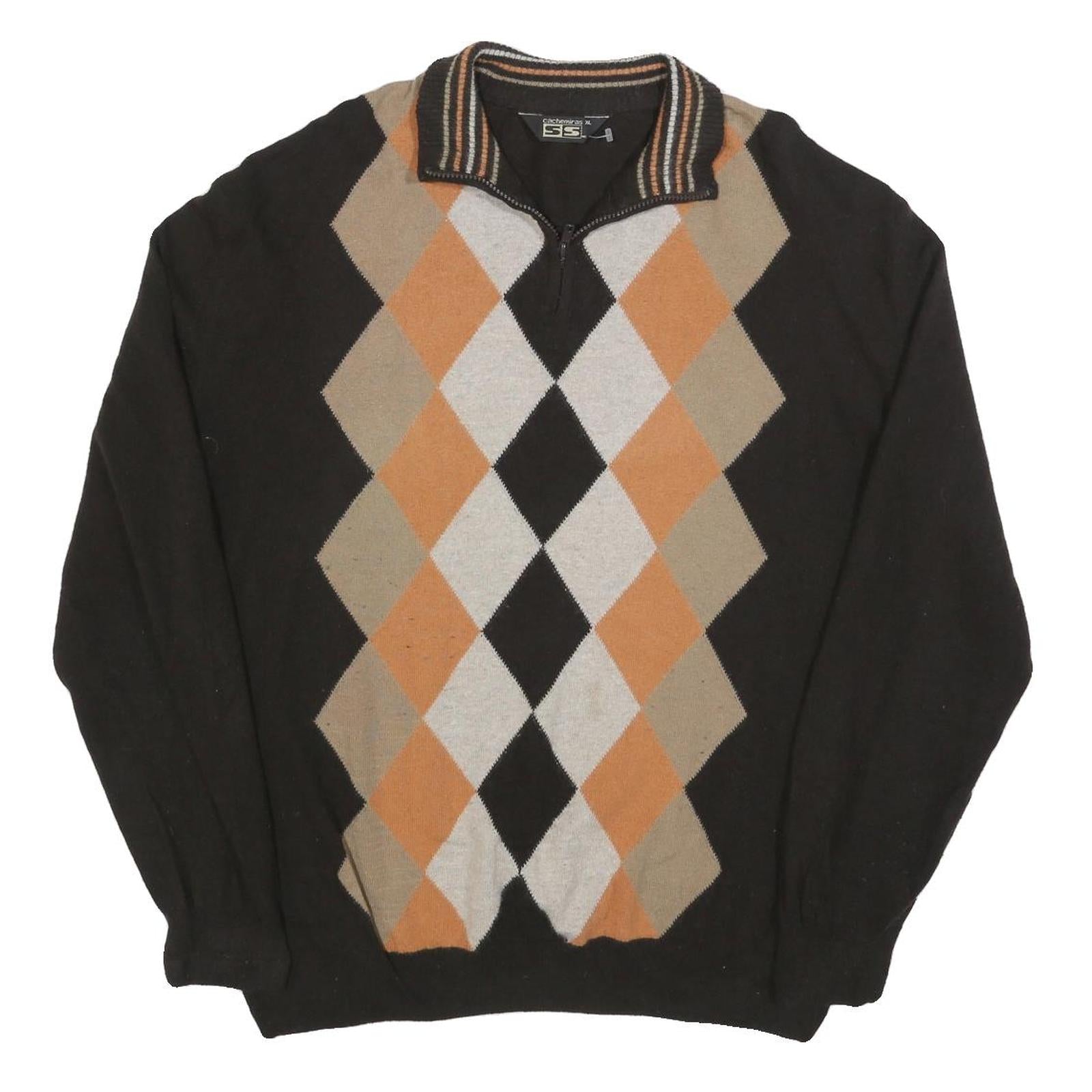 CACHEMIRAS Mens Black Beige & Orange Argyle Patterned Wool Blend Jumper XL Half