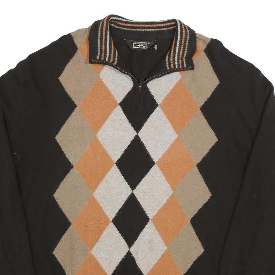 CACHEMIRAS Mens Black Beige & Orange Argyle Patterned Wool Blend Jumper XL Half