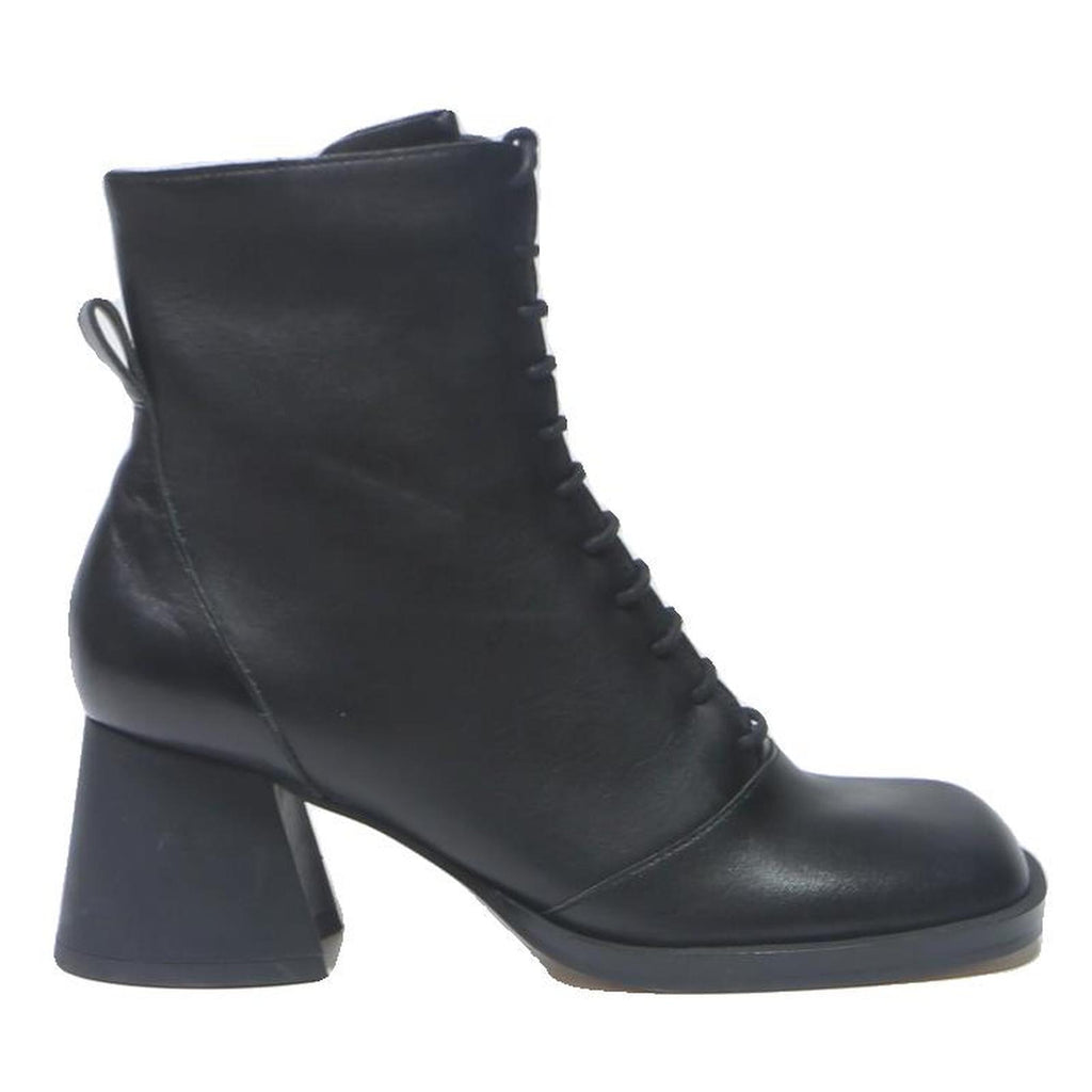 CHARLES & KEITH Womens Black Leather Block Heel Ankle Boots UK 3 Lace-Up