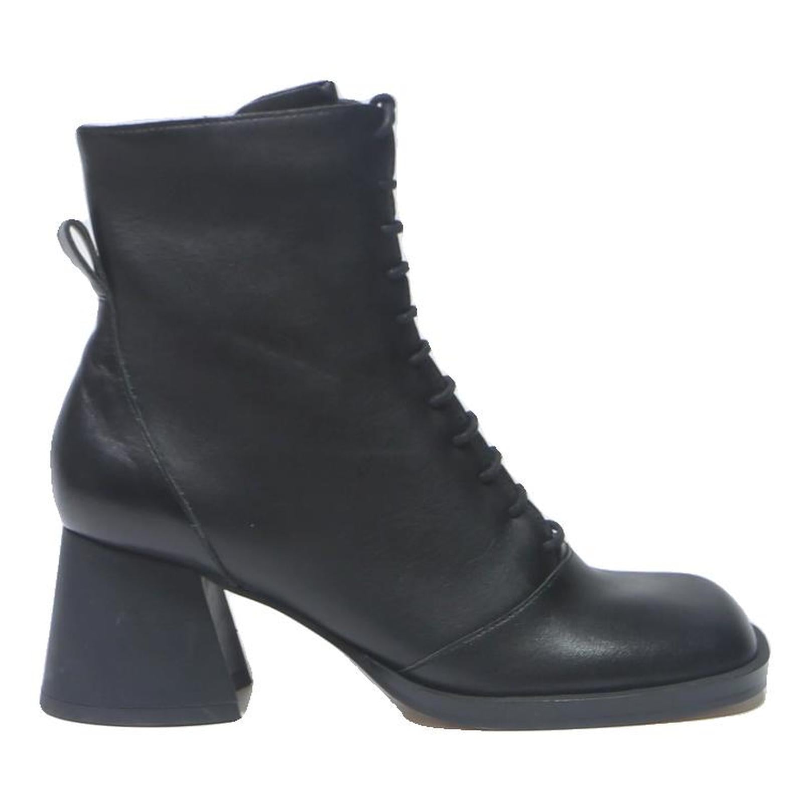 CHARLES & KEITH Womens Black Leather Block Heel Ankle Boots UK 3 Lace-Up