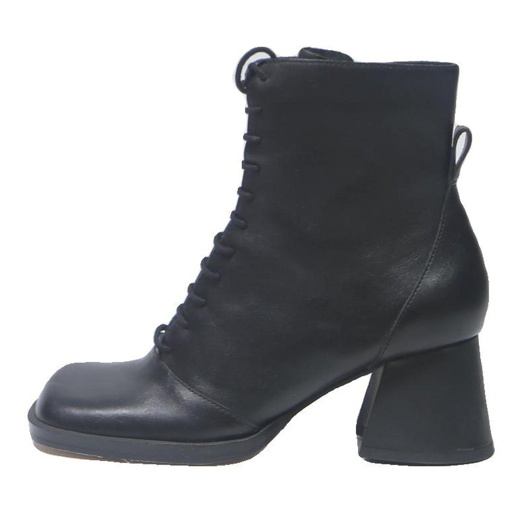 CHARLES & KEITH Womens Black Leather Block Heel Ankle Boots UK 3 Lace-Up