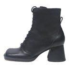 CHARLES & KEITH Womens Black Leather Block Heel Ankle Boots UK 3 Lace-Up