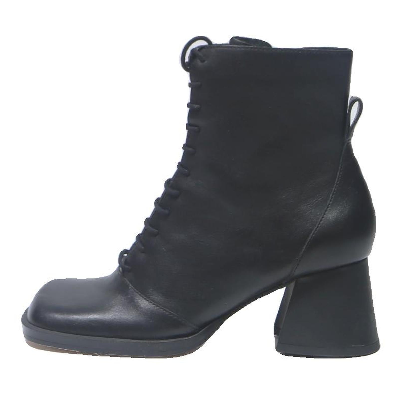 CHARLES & KEITH Womens Black Leather Block Heel Ankle Boots UK 3 Lace-Up