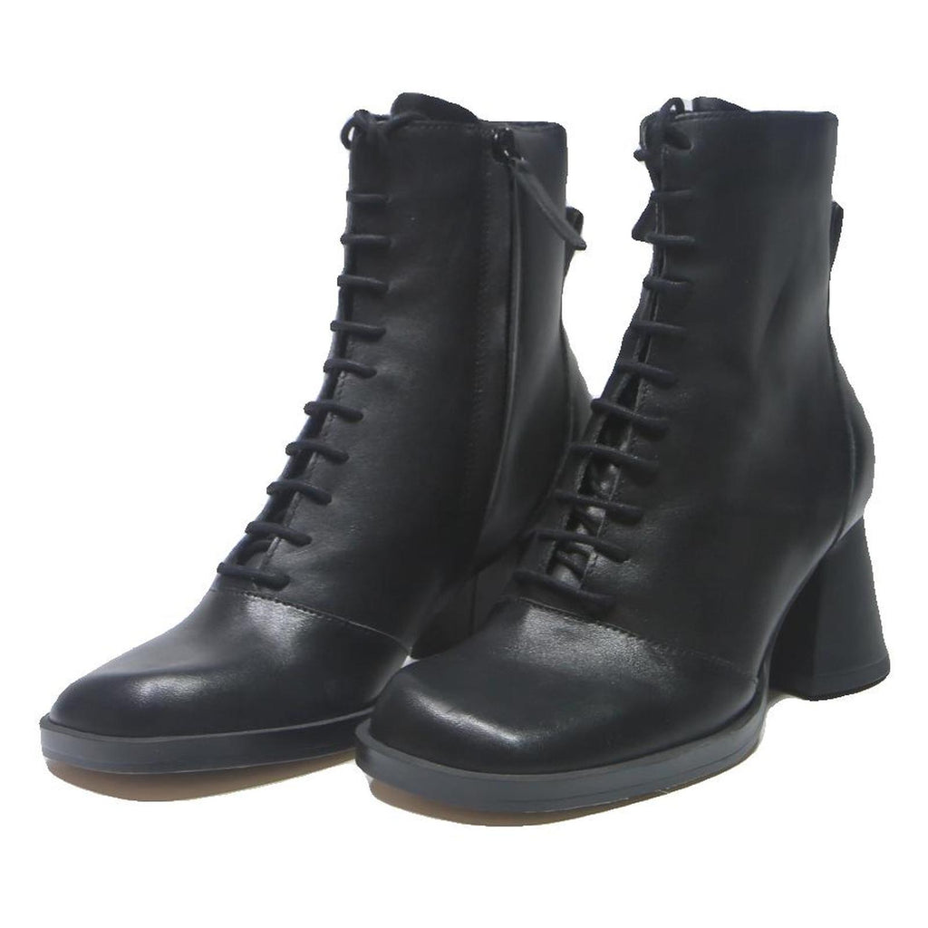 CHARLES & KEITH Womens Black Leather Block Heel Ankle Boots UK 3 Lace-Up