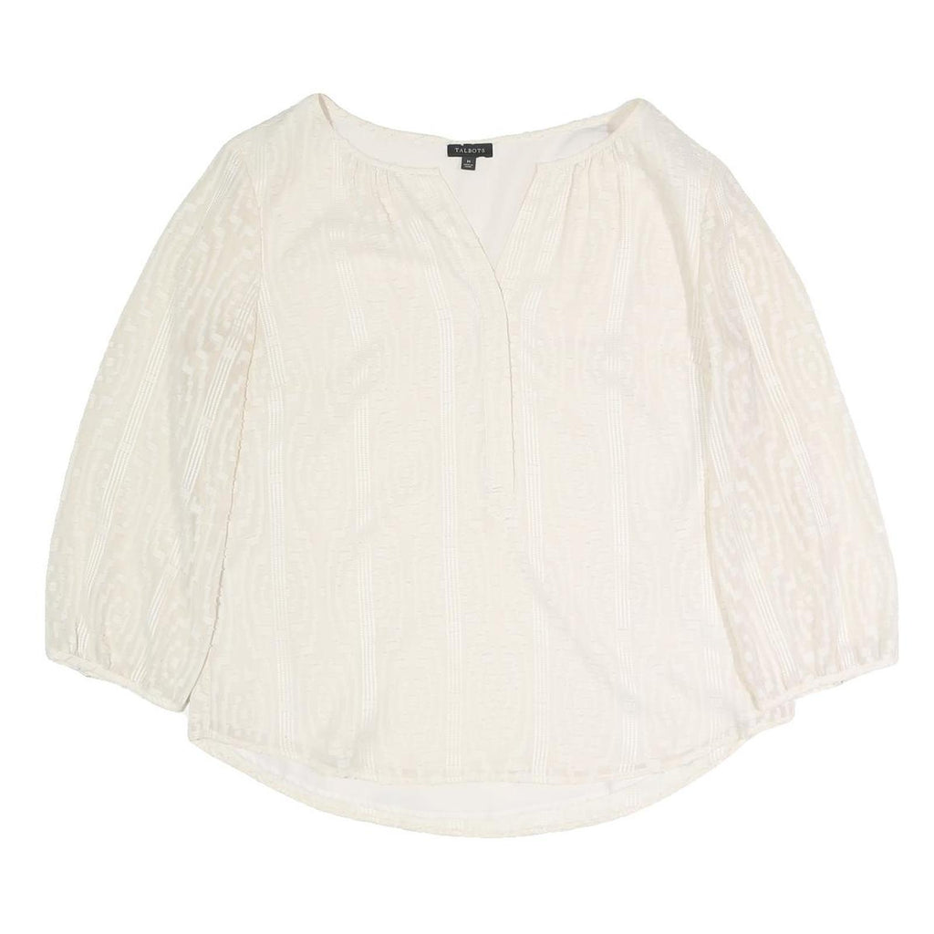 TALBOTS Womens Cream Cotton Blend Printed Blouse 3/4 Sleeve Round Neck M Light