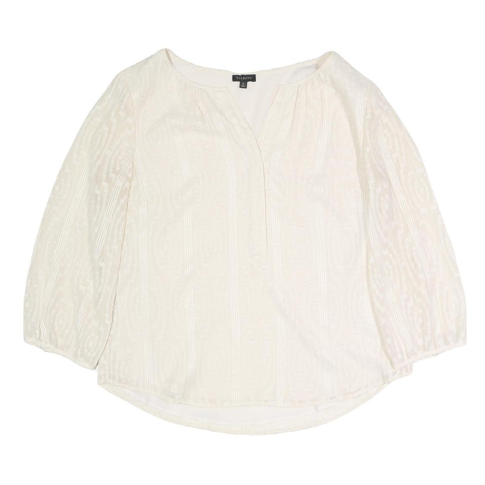 TALBOTS Womens Cream Cotton Blend Printed Blouse 3/4 Sleeve Round Neck M Light