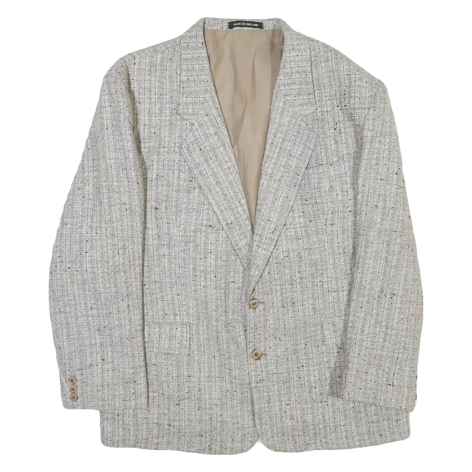 Mens Beige Wool Blend Check Blazer Jacket L Classic Fit Button Closure Long